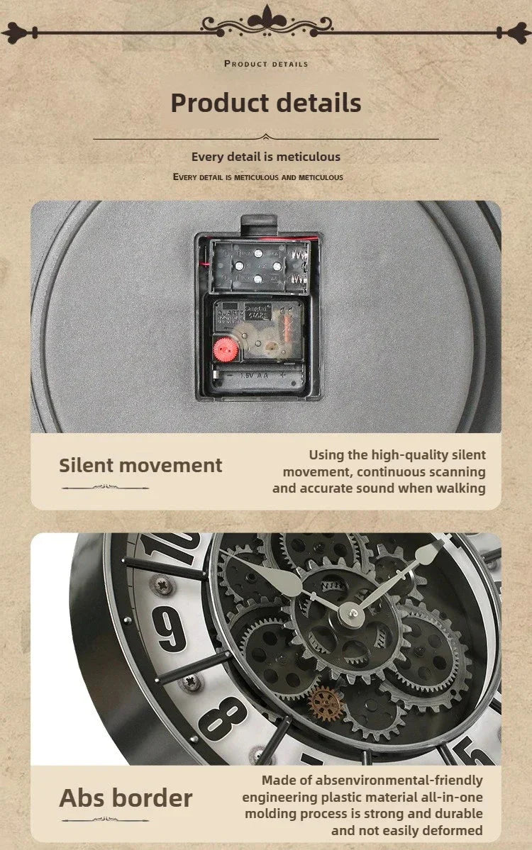 Retro Industrial Roman Wall Clock  Gear Rotation Clock Living Room Decorative Wall Clock Stylish Silent Wall Clock Quartz Clock