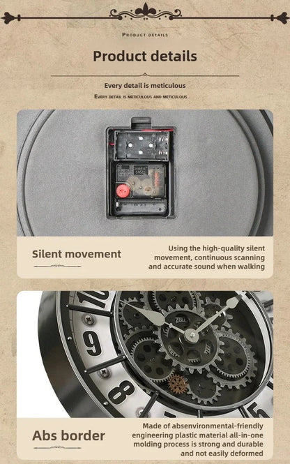 Retro Industrial Roman Wall Clock  Gear Rotation Clock Living Room Decorative Wall Clock Stylish Silent Wall Clock Quartz Clock