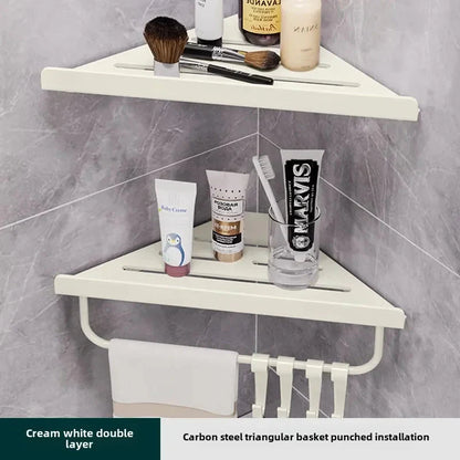 Bathroom Triangle Drain Shelf No Drilling Wall Mounted Cosmetic and Toiletries Hollow Carbon Steel Shelf with Hooks