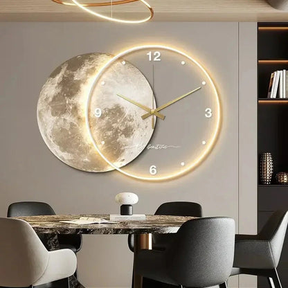 Large Wall Clock Luxury Dining Room Living Room Moon The Earth Modelling LED Light Silent Movement Bedroom Clock Wall Decoration