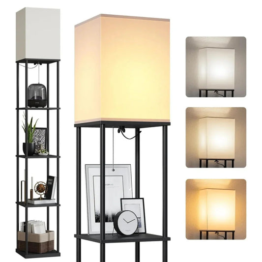 Modern Shelf Floor Lamp with Shade and LED Bulb Corner Display Lamps Shelves for Living Room Bedroom Office Black