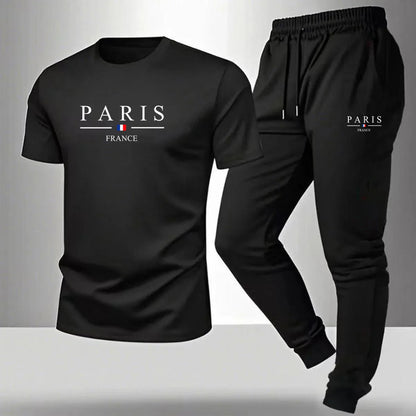 2026 NEW Men's Summer Casual Pants+Short Sleeve T-shirt Set Paris Paris Paris Printed Two Piece Set Men's Sports Set