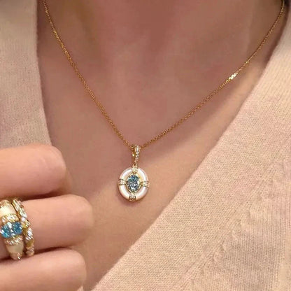 Classic blue jewelry sets dreamy aquamarine gem White Fritillaria ring necklace High quality palace style retro wedding gift
