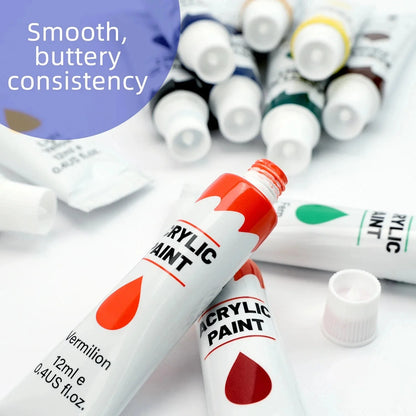 Acrylic Paints Set - 12/24 Colors 12ml Art Painting Kit Supplies for Wood, Canvas, Fabric, Rock, Glass - Non-Toxic Acrylic Paint