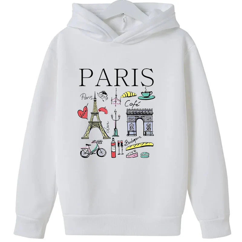 Girls Paris Landmarks & Food Pattern Print Hoodie Sweatshirt GYM Lover Thick Birthday Gift Top for Kids
