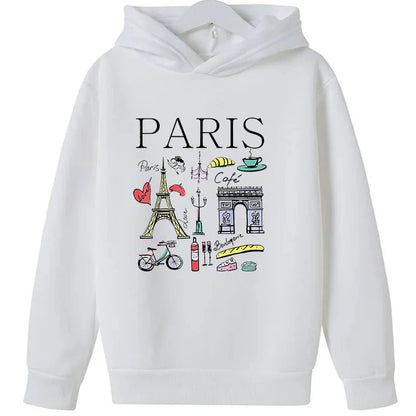 Girls Paris Landmarks & Food Pattern Print Hoodie Sweatshirt GYM Lover Thick Birthday Gift Top for Kids