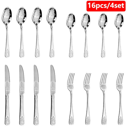 16/24Pcs Silverware Set,304 Stainless Steel Gold Cutlery Kit Mirror Polished Flatware Sets Vintage Carved Utensils Set Tableware