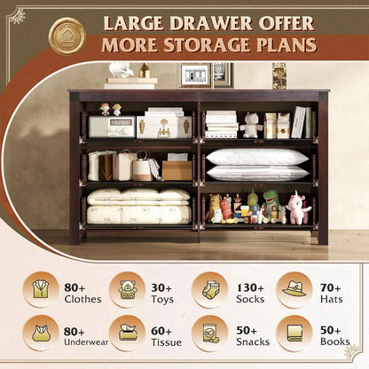 Farmhouse 6 Drawer Dresser for Bedroom, 53.07'' Wide Wood Dresser, Storage Organizer with Double Rustic Handle, TV Stand for 60