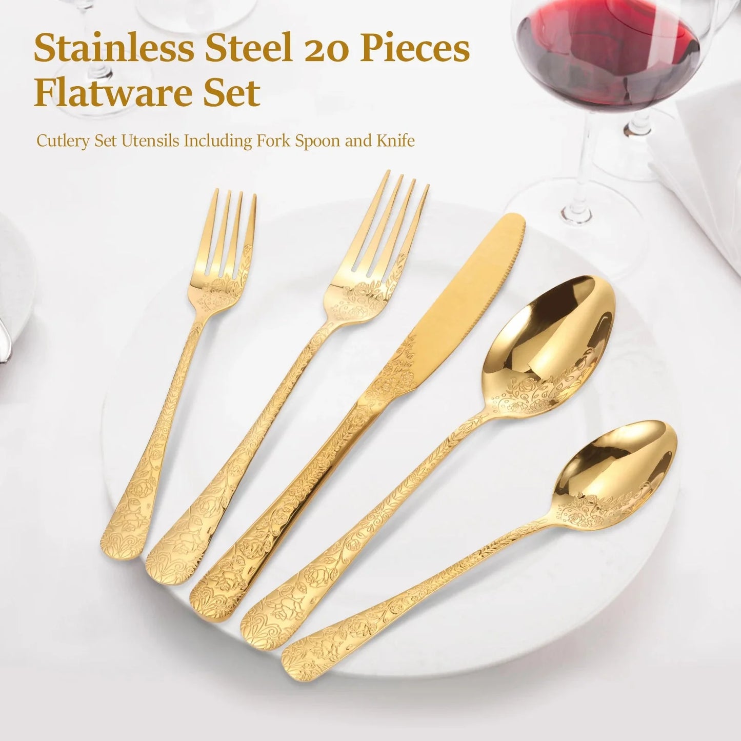 20pcs Silverware Set Floral Carved Stainless Steel Flatware Mirror Polished Cutlery Including Fork Spoon Knife Dishwasher Safe