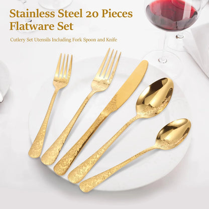 20pcs Silverware Set Floral Carved Stainless Steel Flatware Mirror Polished Cutlery Including Fork Spoon Knife Dishwasher Safe