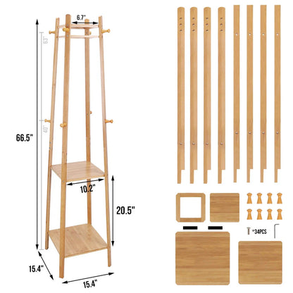 Bamboo Coat Rack Free Standing 2-Shelves Clothing Storage Garment Organizer Stand with 8 Hooks Clothes Poles 55kg Load-bearing f