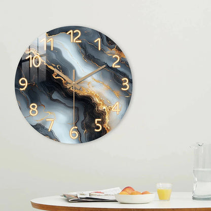 1 piece wooden wall clock, fantasy theme - blue and gold marble - like texture pattern tempered film veneer silent clock, suitab