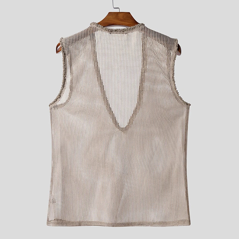INCERUN Men Tank Tops Hollow Out Mesh See Through Sexy Tassel Male Vests Summer 2025 Solid Color Fashion Streetwear Men Clothing