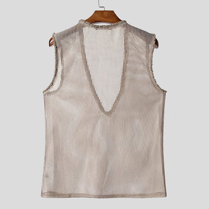 INCERUN Men Tank Tops Hollow Out Mesh See Through Sexy Tassel Male Vests Summer 2025 Solid Color Fashion Streetwear Men Clothing