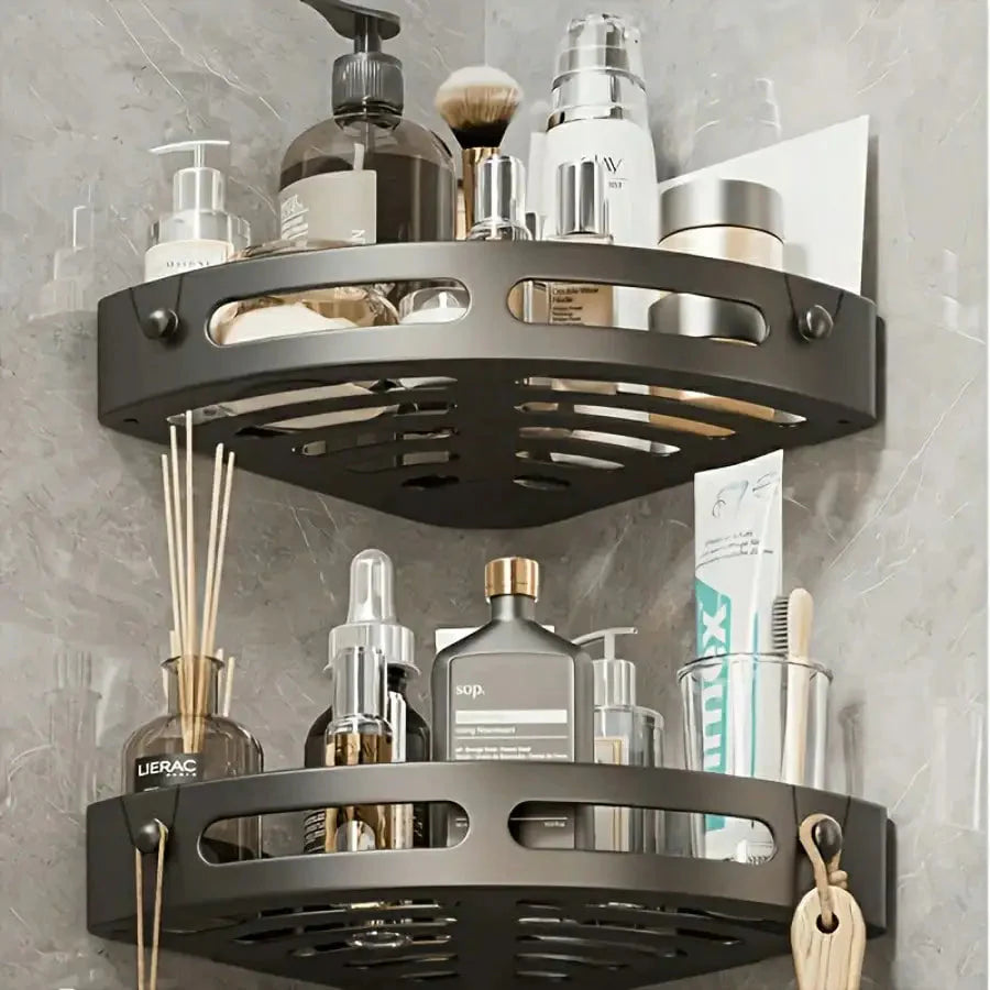 1/2Pcs Wall Mounted Corner Rack: No-Drill Black Bathroom Shampoo Towel Holder