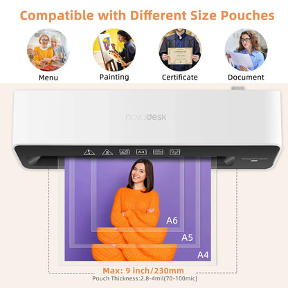 Deli 9in Max Width Thermal Laminator with 20 A4 Pouches, Quick Warm-Up, Never Jam, Desktop Laminator for Home Office Use
