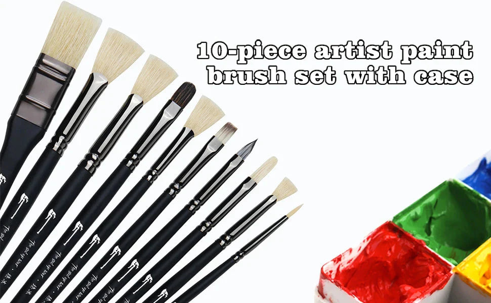 10 Pcs Paint Brushes Set Bristle Hair Professional Drawing Long Rod Painting Brush Oil Acrylic Watercolor Art Supplies
