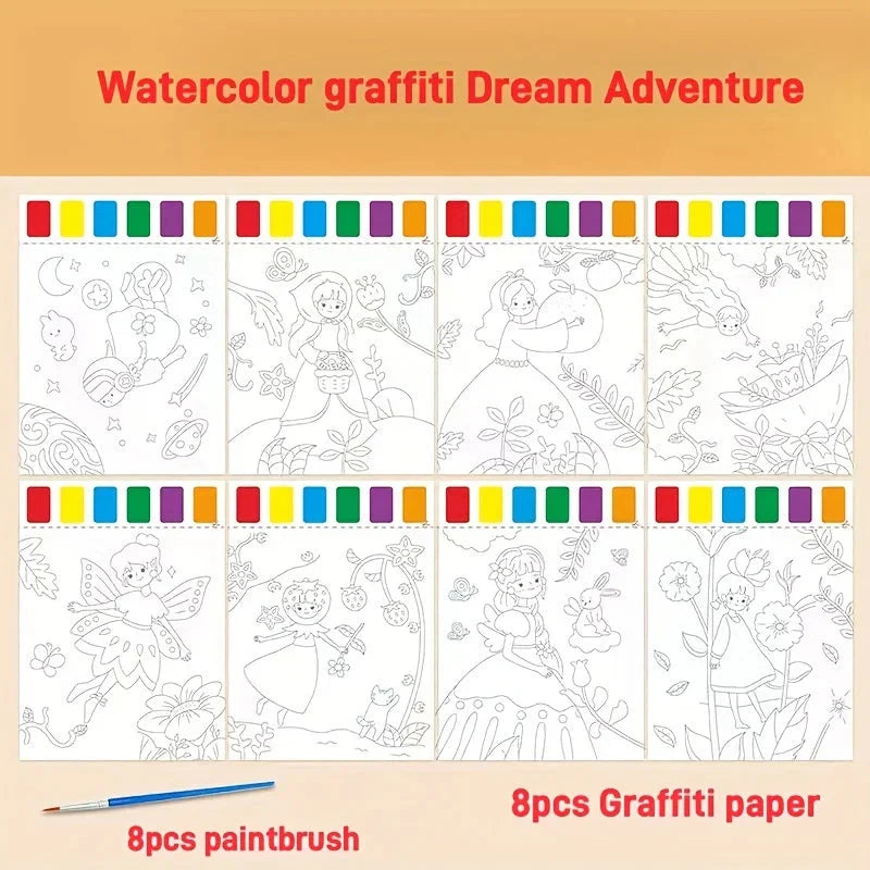 A Set of Art Tools, Including 8 Pieces of Art Paper, 8 Brushes,and 6 Colors of Paint,Suitable for Students and DIY Handmade Sets