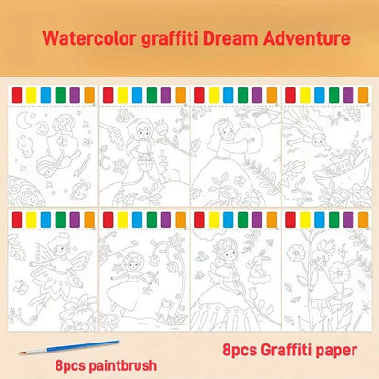 A Set of Art Tools, Including 8 Pieces of Art Paper, 8 Brushes,and 6 Colors of Paint,Suitable for Students and DIY Handmade Sets