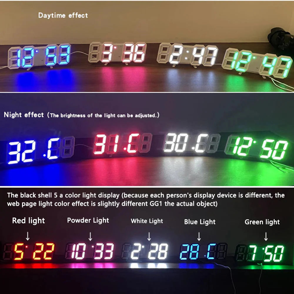 3D LED Digital Clock 12/24H Time Display Colorful Clock for Office/Living Room/Meeting Room/Kitchen