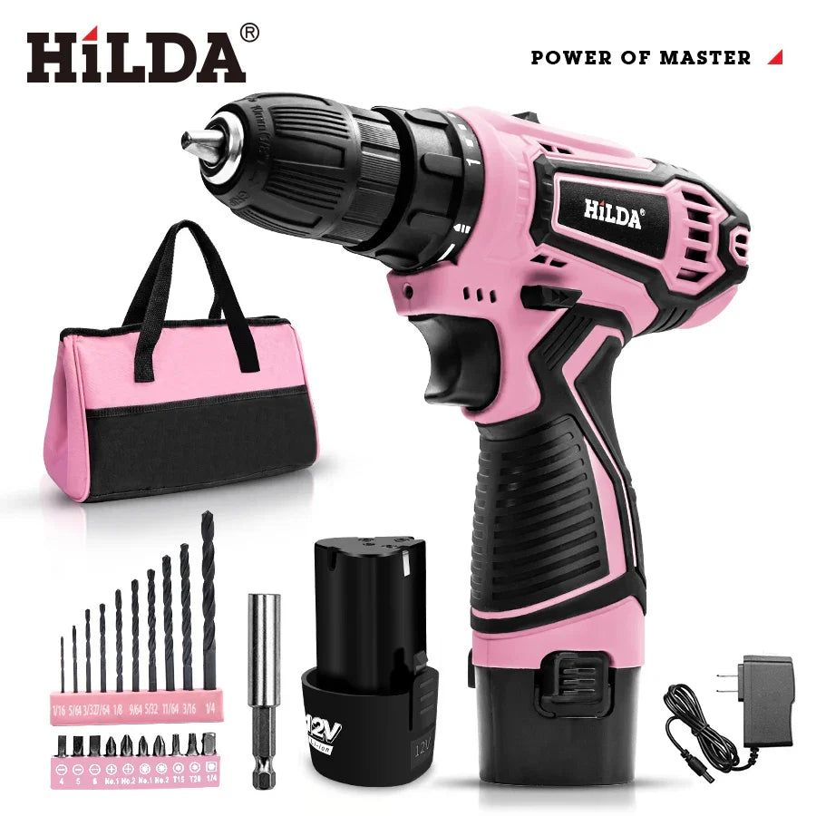 HILDA 21V Pink Drill Electric Drill Electric Screwdriver  Cordless Drill Mini Wireless Power Tools Lithium-Ion Battery