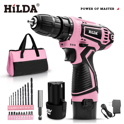 HILDA 21V Pink Drill Electric Drill Electric Screwdriver  Cordless Drill Mini Wireless Power Tools Lithium-Ion Battery