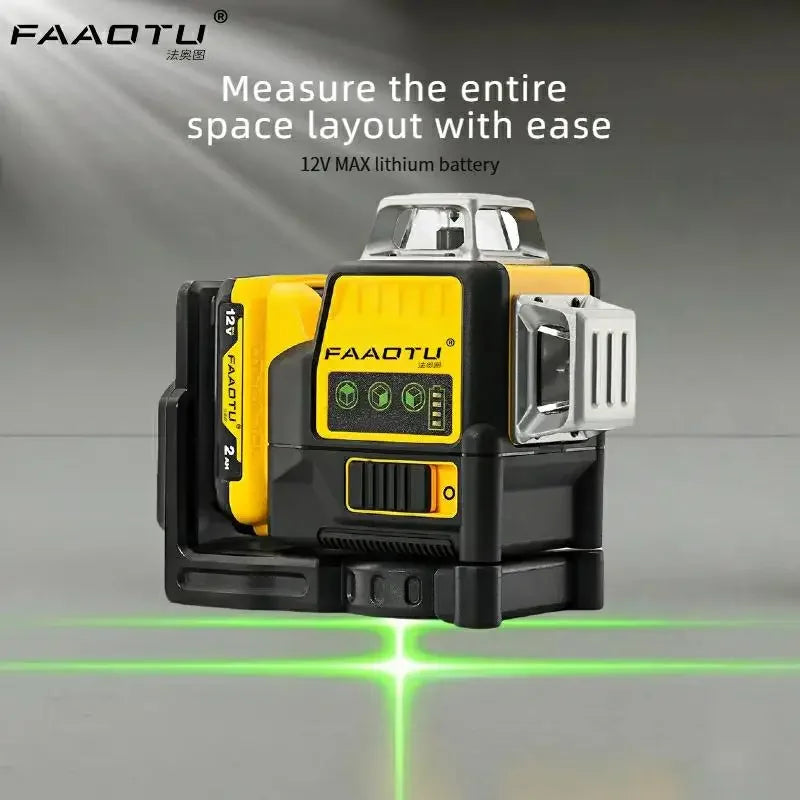 FAAOTU DW089LG 12 Lines 3 Sides 360 Degree Vertical 12V Lithium Battery Laser Level Horizontal Green Meter Outdoor