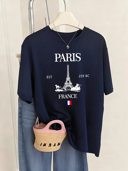 Paris France Eiffel Tower Prints T-Shirts Women Summer Basic Short Sleeve Tops O-Neck Loose T Shirts Basics Soft Womans Clothes