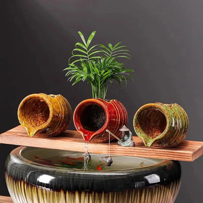 Ceramic Waterfall Jug - Circulating Clay Pot Fountain for Garden, Fish Tank & Courtyard Decor | Handmade Rustic Water Feature