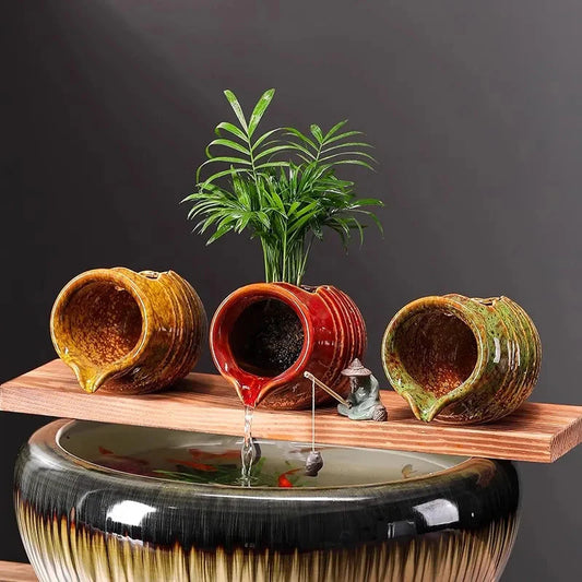 Ceramic Waterfall Jug - Circulating Clay Pot Fountain for Garden, Fish Tank & Courtyard Decor | Handmade Rustic Water Feature