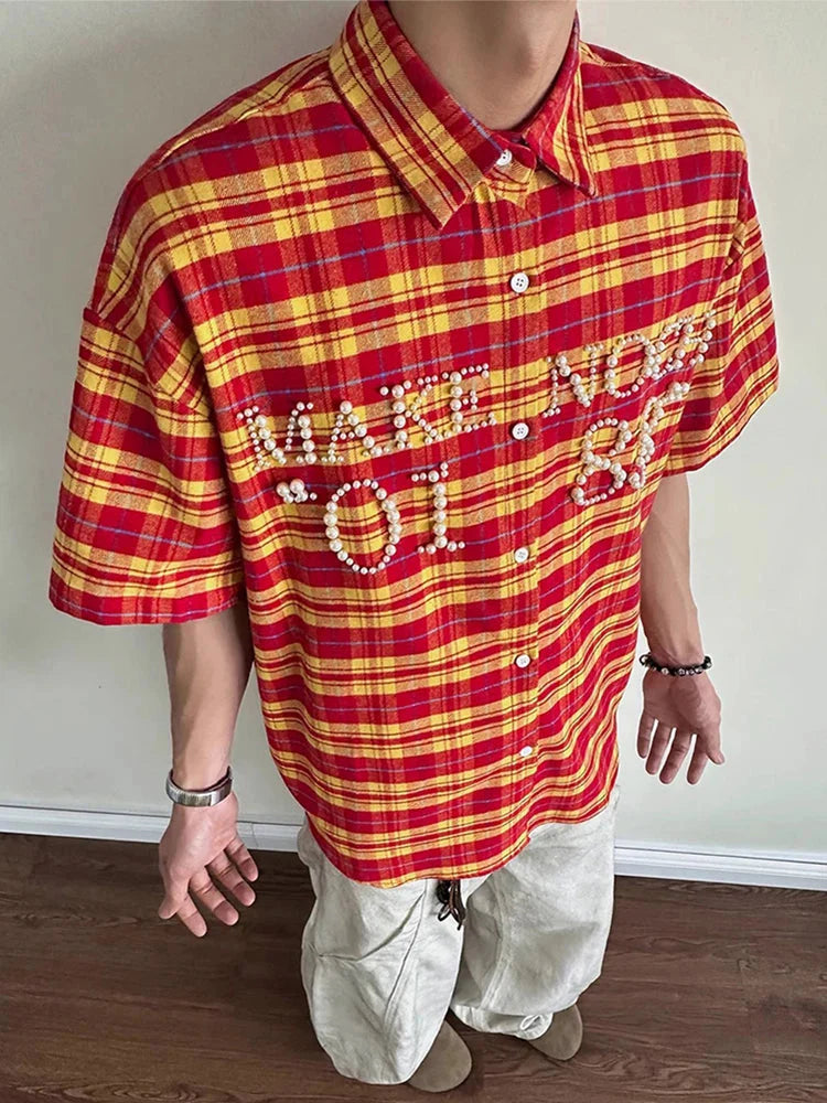 Trendy Pearls Stitching Shirts For Men 2025 Summer New Casual Plaid Shirt Mens Vintage Button-up Turn-down Collar Cardigan Tops