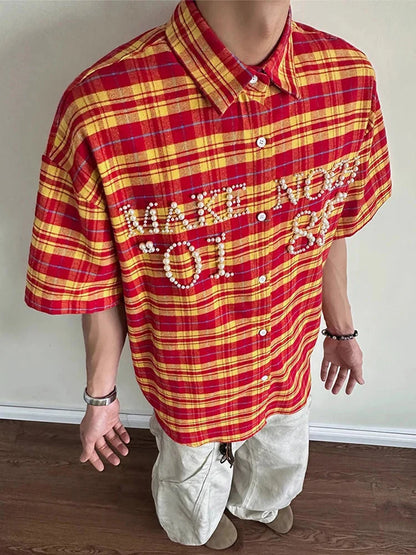 Trendy Pearls Stitching Shirts For Men 2025 Summer New Casual Plaid Shirt Mens Vintage Button-up Turn-down Collar Cardigan Tops