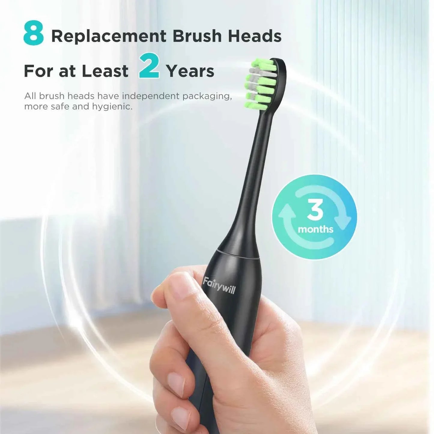 Fairywill FW-Y05 Electric Sonic Toothbrush - Rechargeable Adult Toothbrush with 8 Replacement Heads