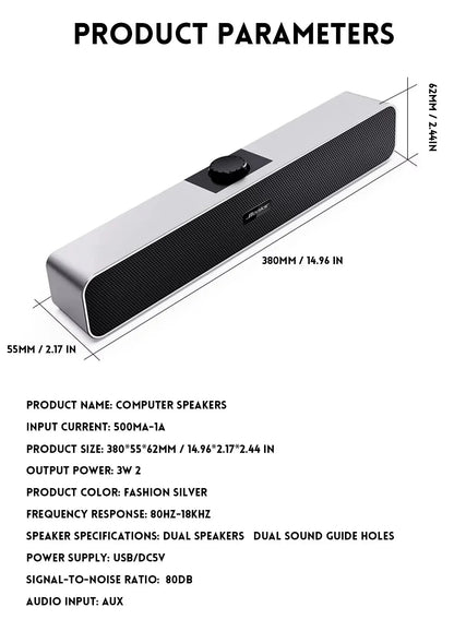 B Computer Speakers with 3.5 mm Aux, Small PC Speakers Powered by USB, USB Soundbar for Monitor，Wired USB Desktop Speaker,