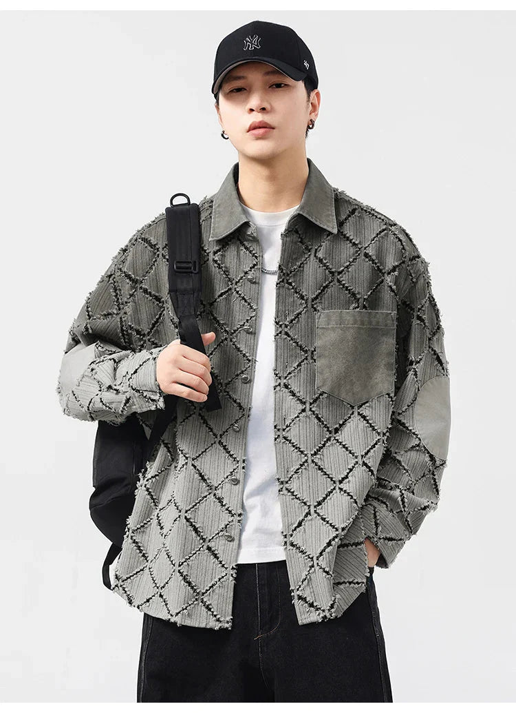 Gradient Ripped Plaid Shirt Men Streetwear Fashion Loose Casual Long Sleeve Oversize Cargo Shirts Cardigan Coat Blouses