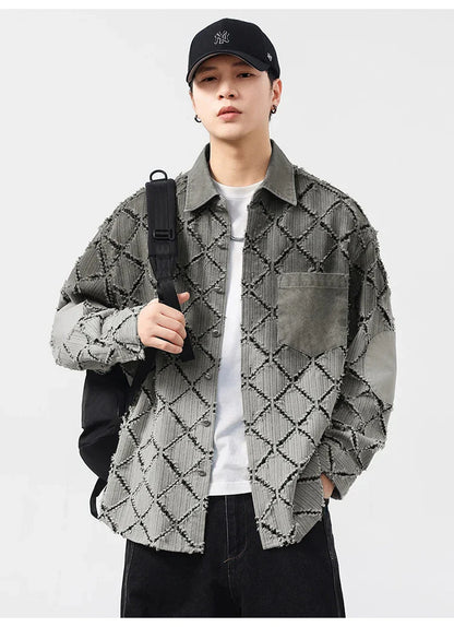 Gradient Ripped Plaid Shirt Men Streetwear Fashion Loose Casual Long Sleeve Oversize Cargo Shirts Cardigan Coat Blouses