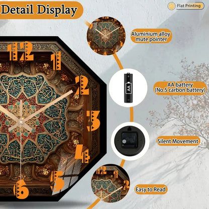2D-Flat Distinctive Islamic Calligraphy Octagon Intricate Geometric Wall Clock for Office Kitchen Halloween Mother's Day Gifts