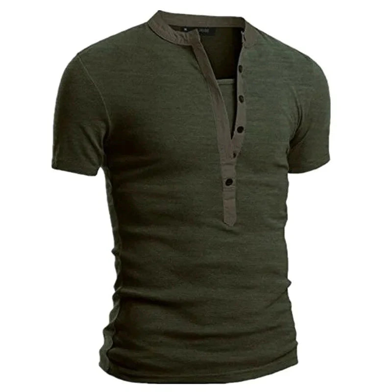 2026 Men's Summer Casual Shirts Solid V-neck Button Slim Fit T-Shirts for Men Fashion Short Sleeve Tees Tops Men Clothing S-3XL