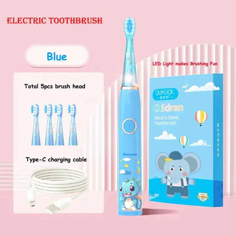Kids Sonic Electric Toothbrush Child Cartoon with Colorful LED Light IPX7 Waterproof 2 mins Smart Timer Rechargeable Toothbrush
