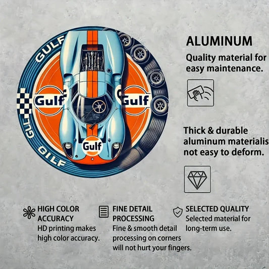 1pc Vintage Gulf Racing Car Metal Tin Sign - Retro Style Wall Art with Blue & Orange Stripes, Aluminum, Perfect for Home, Cafe