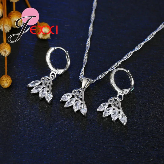 Wedding Jewelry Sets Accessories Women 925 Sterling Silver White Crystal Wing Design Necklace Earrings Flying Feather Sets