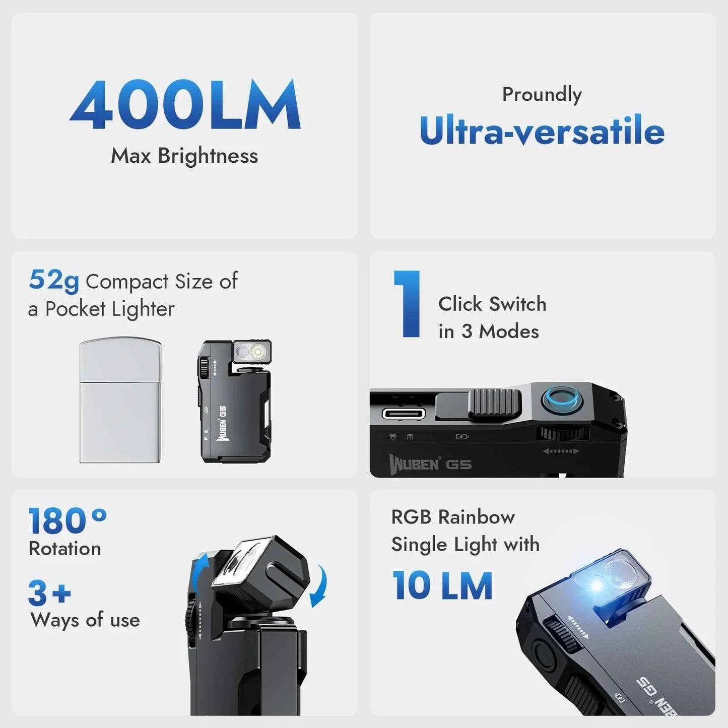 WUBEN G5 Rechargeable EDC Flashlight, 400 Lumens Dual Light Sources Mini Flashlight with RGB Light, Portable Pocket Flashlights