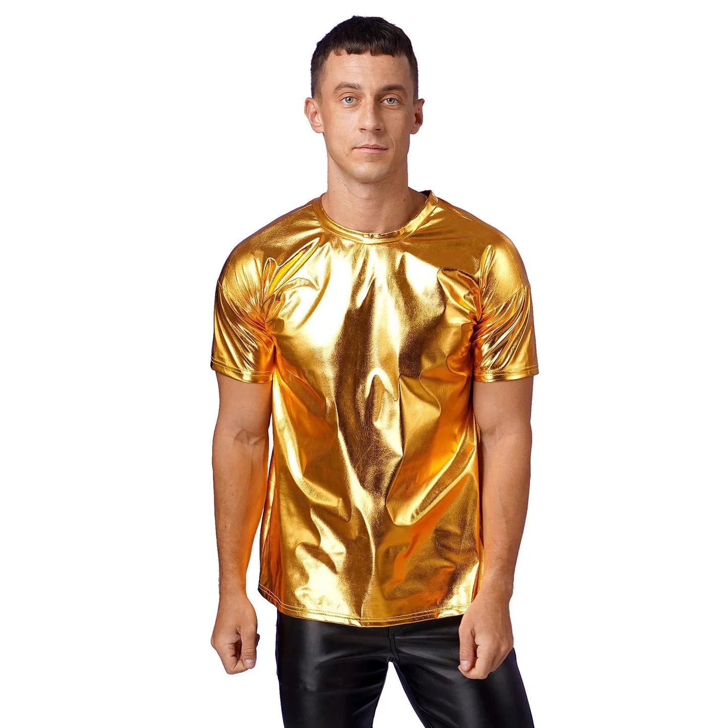 Mens Dance Shirts Tops Party Performance 80s Clothes Metallic Shiny Short Sleeve Round Neck T-shirt for Club Show Role Play