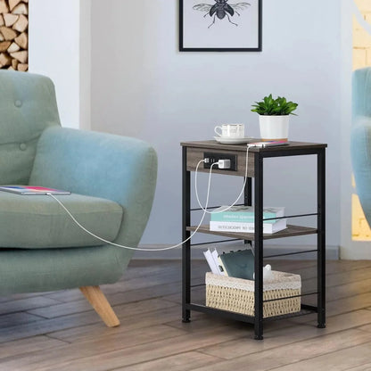 3-Tier Nightstand w/ Charging Station - 2 Pcs Grey Bedside Table w/ USB Ports & Storage Shelf for Bedroom