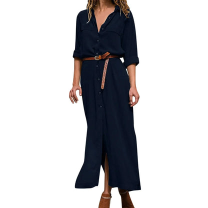 Womens Lace Up Tunic Dresses Summer Streetwear Long Sleeve Shirt Dresses With Belt casual Solid Color Linen Maxi Dress for women