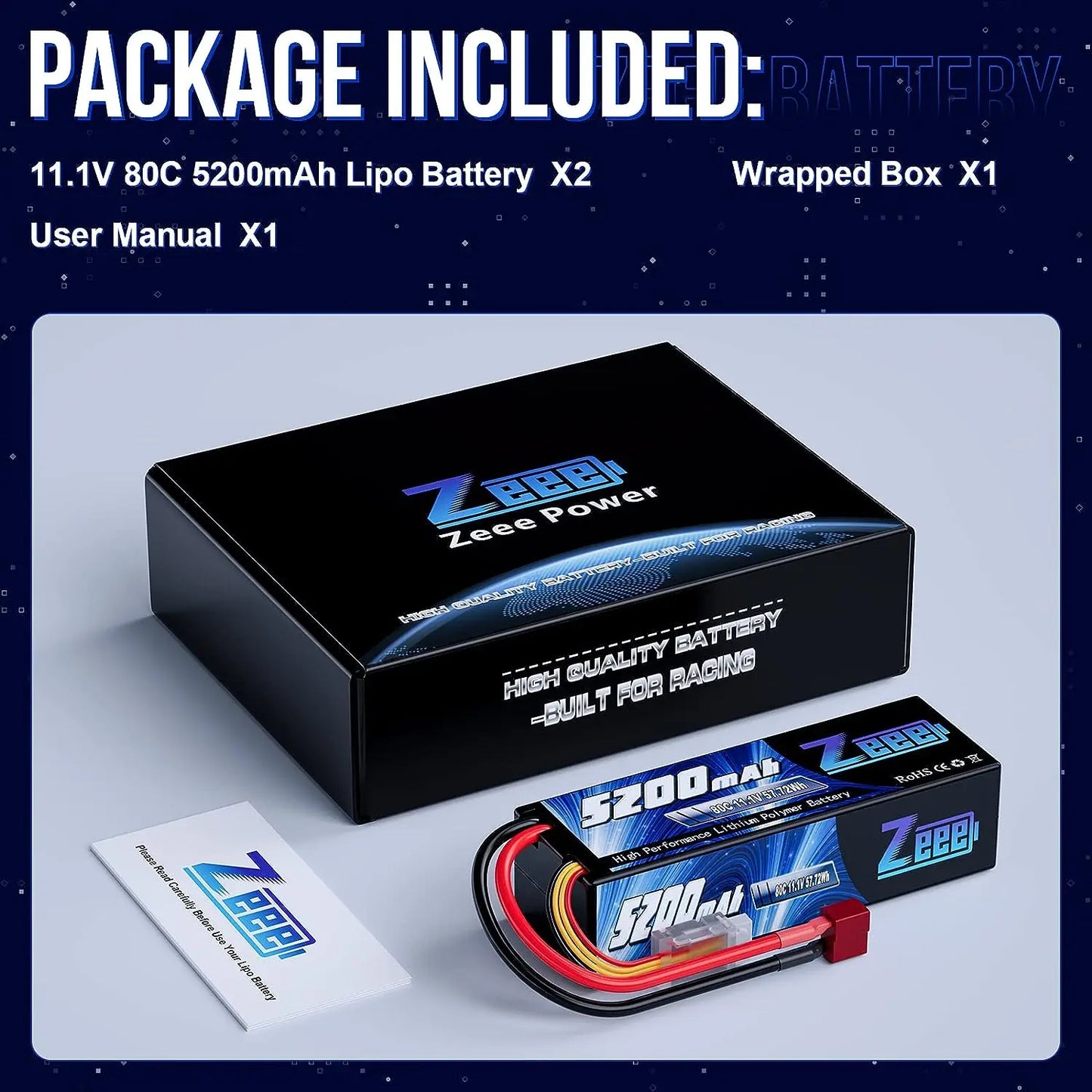 Zeee 3S LiPo RC Battery 11.1V 5200mAh 80C Hardcase w/ Plugs