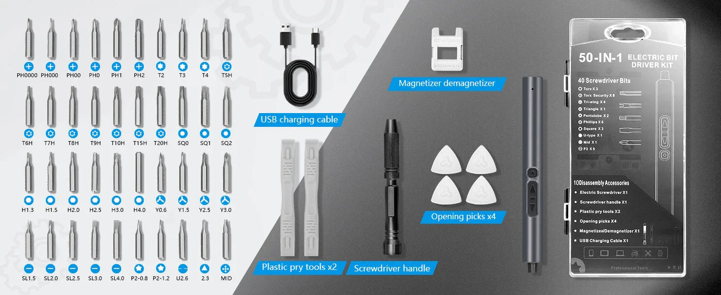 50 in 1 Precision Electric Screwdriver Set Multi-Function Power Tool with Magnetic Torx Phillips Bits for iPhone Glasses Watches