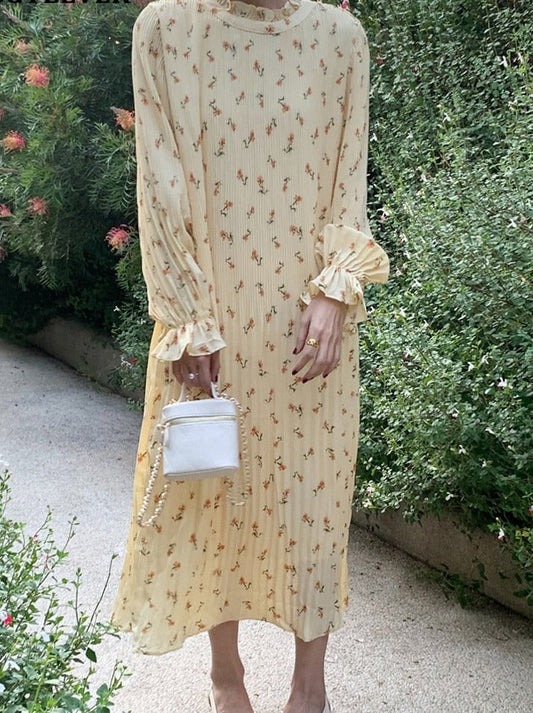 Spring Summer Flare Sleeve Loose Female Pleated Dress vestidos