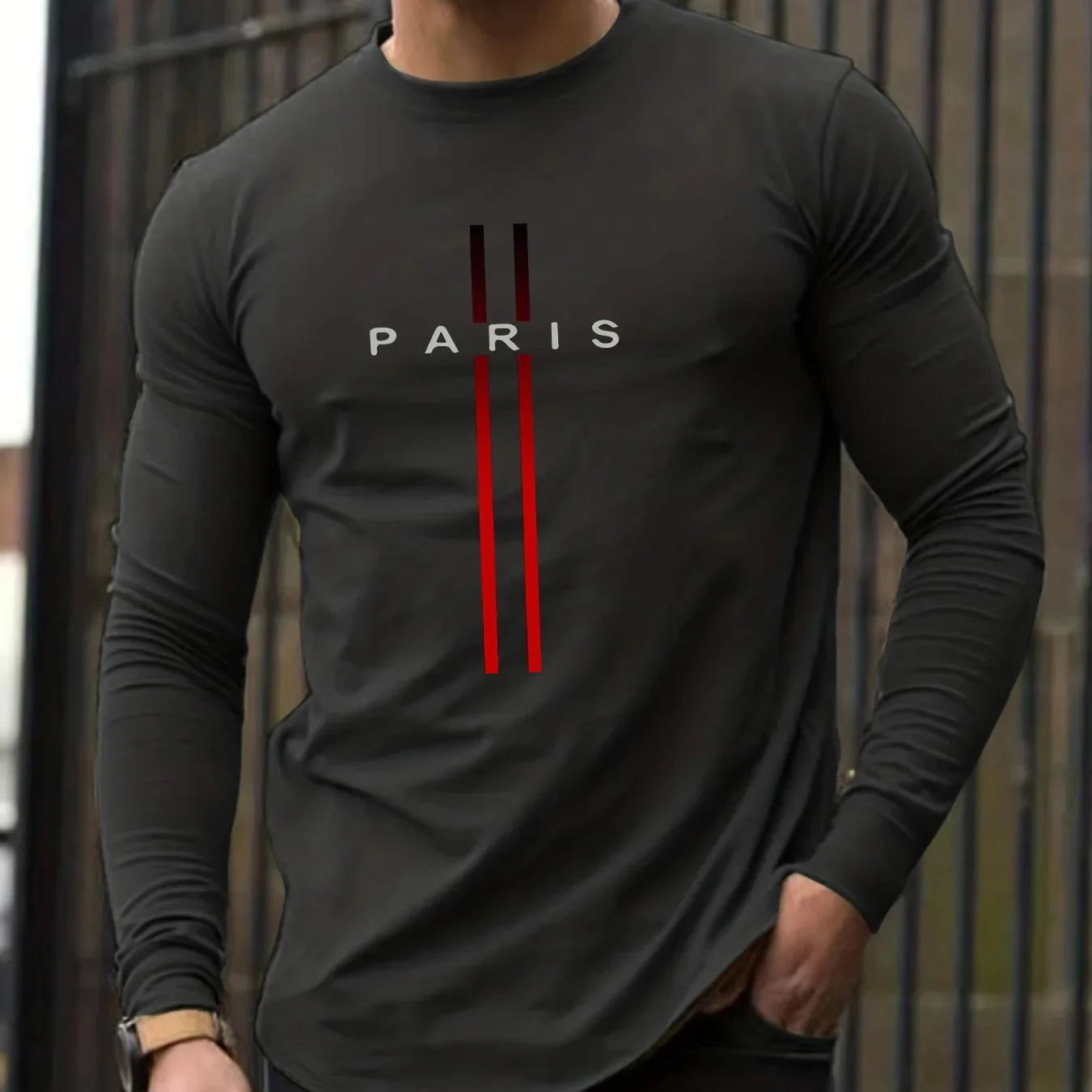 Men's Spring and Autumn 100% Cotton Loose and Comfortable Casual Paris Pattern Printed Round Neck Long Sleeve T-shirt