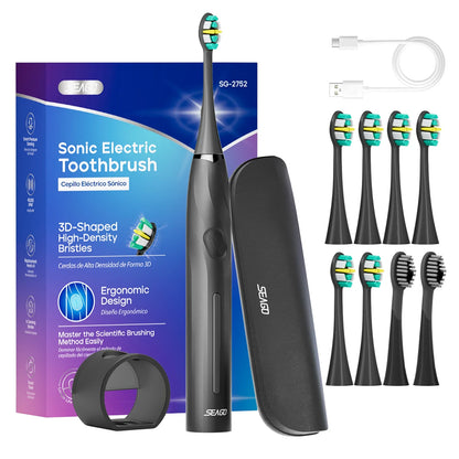 SEAGO Electric Toothbrush with 8 Soft Bristle Heads for Adults Pressure Sensor 5 Modes with 2 Minutes Smart Timer SG-2752